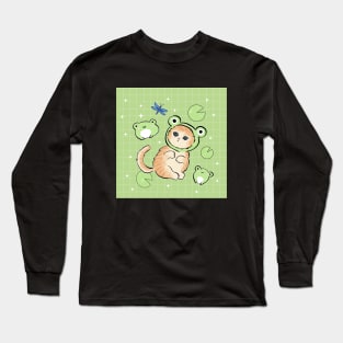 Kawaii Frog and Cat with Toad Hat - Retro 90s Cottagecore Aesthetic featuring Happy Froge Kitten Long Sleeve T-Shirt